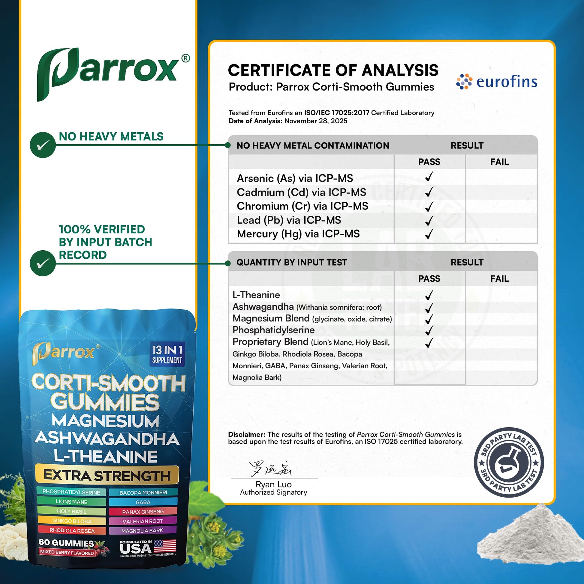 Parrox Corti-Smooth Cortisol Support Gummies with Magnesium, L-Theanine, Ashwagandha, Phosphatidylserine, Bacopa Monnieri, Lions Mane, Ginkgo Biloba, Valerian Root (60 Gummies - Mixed Berry Flavor) ParroxBuy Supplements Australia