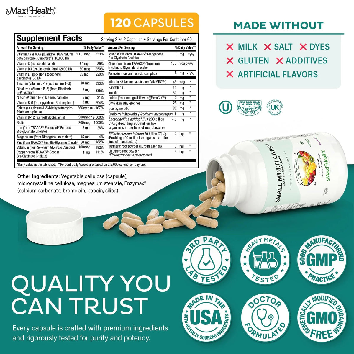 Maxi Health Multivitamin – Easy to Swallow Multi Vitamin Capsules with 30 Nutrients, Iron & Probiotics – Kosher Daily Multivitamins Small Capsules Maxi Health