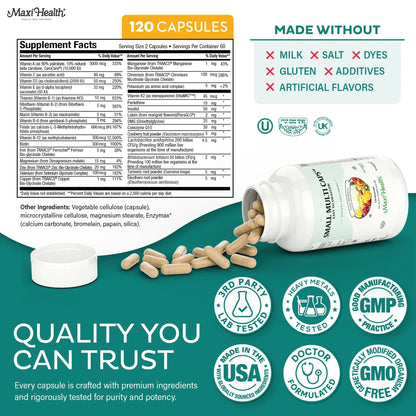 Maxi Health Multivitamin – Easy to Swallow Multi Vitamin Capsules with 30 Nutrients, Iron & Probiotics – Kosher Daily Multivitamins Small Capsules Maxi Health
