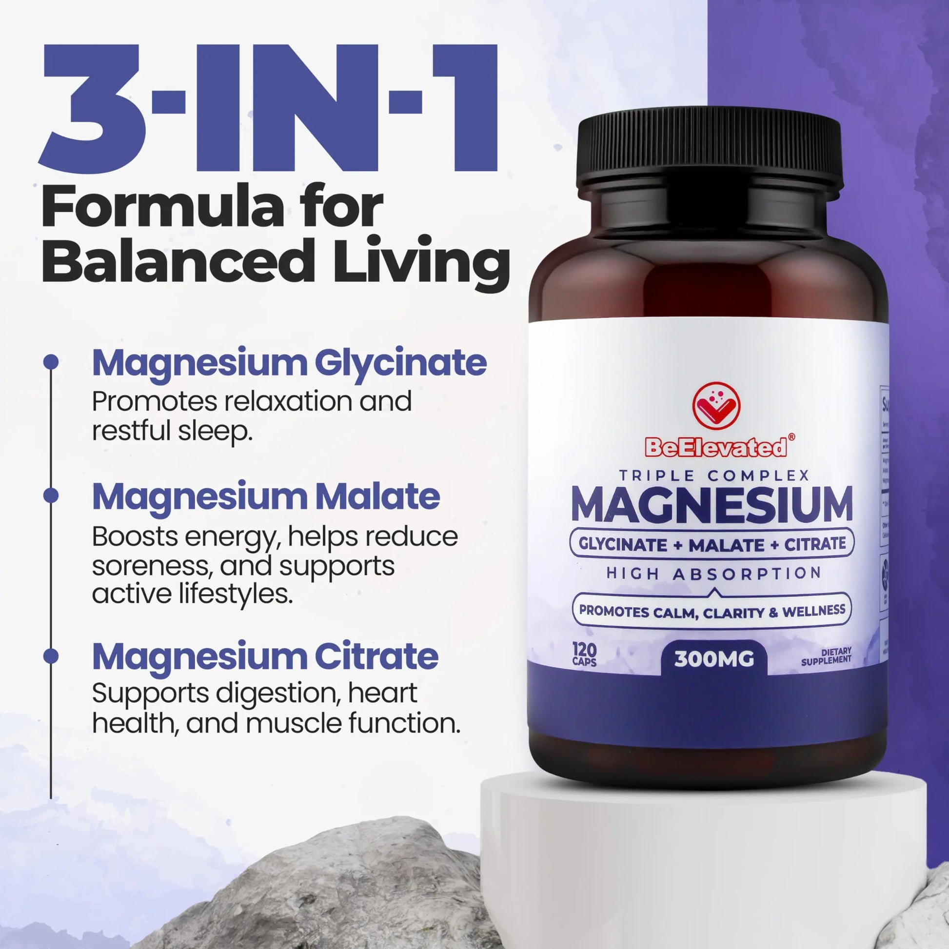 BeElevated High Absorption Triple Magnesium Complex for Sleep, Relaxation & Muscle Support – 300mg of Magnesium Glycinate, Citrate & Malate BeElevated canada supplements