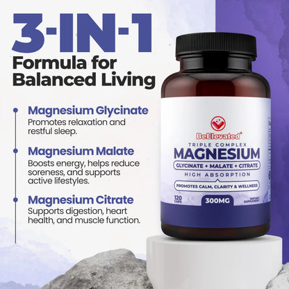 BeElevated High Absorption Triple Magnesium Complex for Sleep, Relaxation & Muscle Support – 300mg of Magnesium Glycinate, Citrate & Malate BeElevated canada supplements
