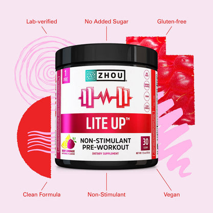 Zhou Nutrition Lite Up, Non-Stimulant Pre Workout Powder, Caffeine Free Nitric Oxide Zhou NutritionBuy Supplements Australia