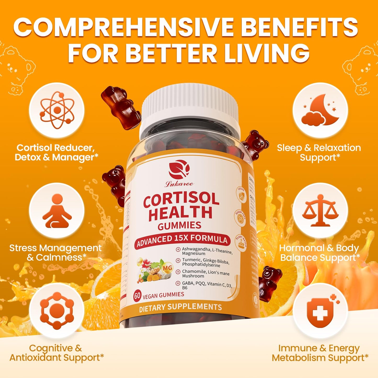 Lukaree Cortisol Supplements for Women & Men, 15 in 1 Cortisol Reducer Manager, Cortisol Calm Gummies with Ashwagandha, Magnesium, L-theanine, GABA - for Mood, Focus, Sleep - Vegan Sugar Free, 60 Ct. LukareeBuy Supplements Australia