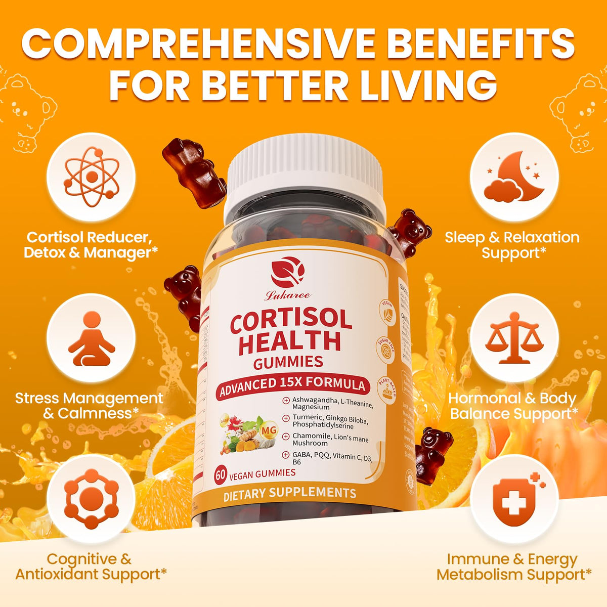 Lukaree Cortisol Supplements for Women & Men, 15 in 1 Cortisol Reducer Manager, Cortisol Calm Gummies with Ashwagandha, Magnesium, L-theanine, GABA - for Mood, Focus, Sleep - Vegan Sugar Free, 60 Ct. LukareeBuy Supplements Australia