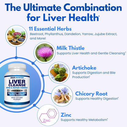 Arazo Nutrition Liver Cleanse Detox & Repair Formula – Milk Thistle Herbal Support Supplement: Silymarin, Beet