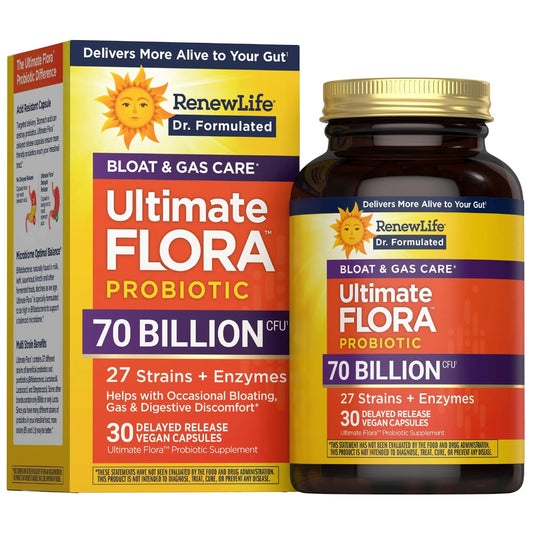 Renew Life Ultimate Flora Probiotics Bloat & Gas Support 70 Billion CFU Delayed Release Vegan Capsules | Doctor Formulated | Digestive Health | Immune Health | Dairy Free | 30 Count Renew LifeBuy Supplements Australia