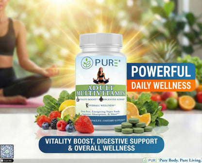 PURE Adult Multivitamin with Vitamins A, C, D3, B12, Minerals, Digestive Enzymes, 90 Capsules, 30 Servings PUREBuy Supplements Australia