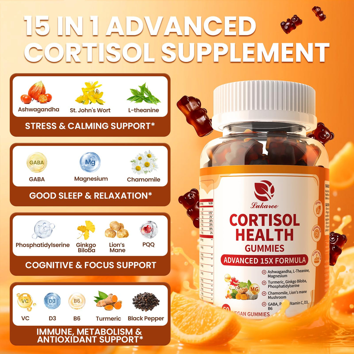 Lukaree Cortisol Supplements for Women & Men, 15 in 1 Cortisol Reducer Manager, Cortisol Calm Gummies with Ashwagandha, Magnesium, L-theanine, GABA - for Mood, Focus, Sleep - Vegan Sugar Free, 60 Ct. LukareeBuy Supplements Australia