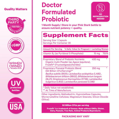 Pink Stork Prenatal Probiotic for Women with 50 Billion CFU | Vitamin B6 & Prebiotics | Pregnancy Probiotics for Morning Sickness | Digestive, Immune, & Gut Health | Vegan & Gluten-Free | 30 Capsules Pink Stork buy supplements Au