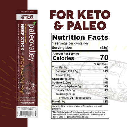 Paleovalley 100% Grass Fed Summer Sausage Beef Sticks - Delicious Gluten Free Beef Snack - High Protein Keto Friendly PaleovalleyBuy Supplements Australia