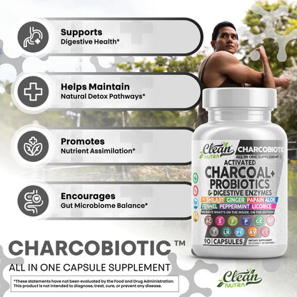 Clean Nutra Activated Charcoal Pills + Shilajit Probiotic Digestive Enzymes for Digestive Health Capsules with Peppermint Fennel Licorice Papain Ginger Turmeric Powder | Gut Health Clean Nutraceuticals buy supplements Au