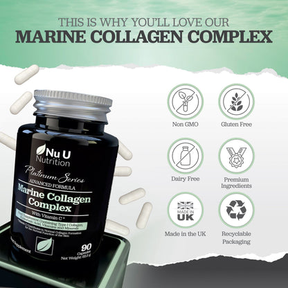 Marine Collagen with Hyaluronic Acid, Vitamin C - 90 Hydrolysed Capsules (not Tablets) - Premium High Strength Collagen Nu U NutritionBuy Supplements Australia