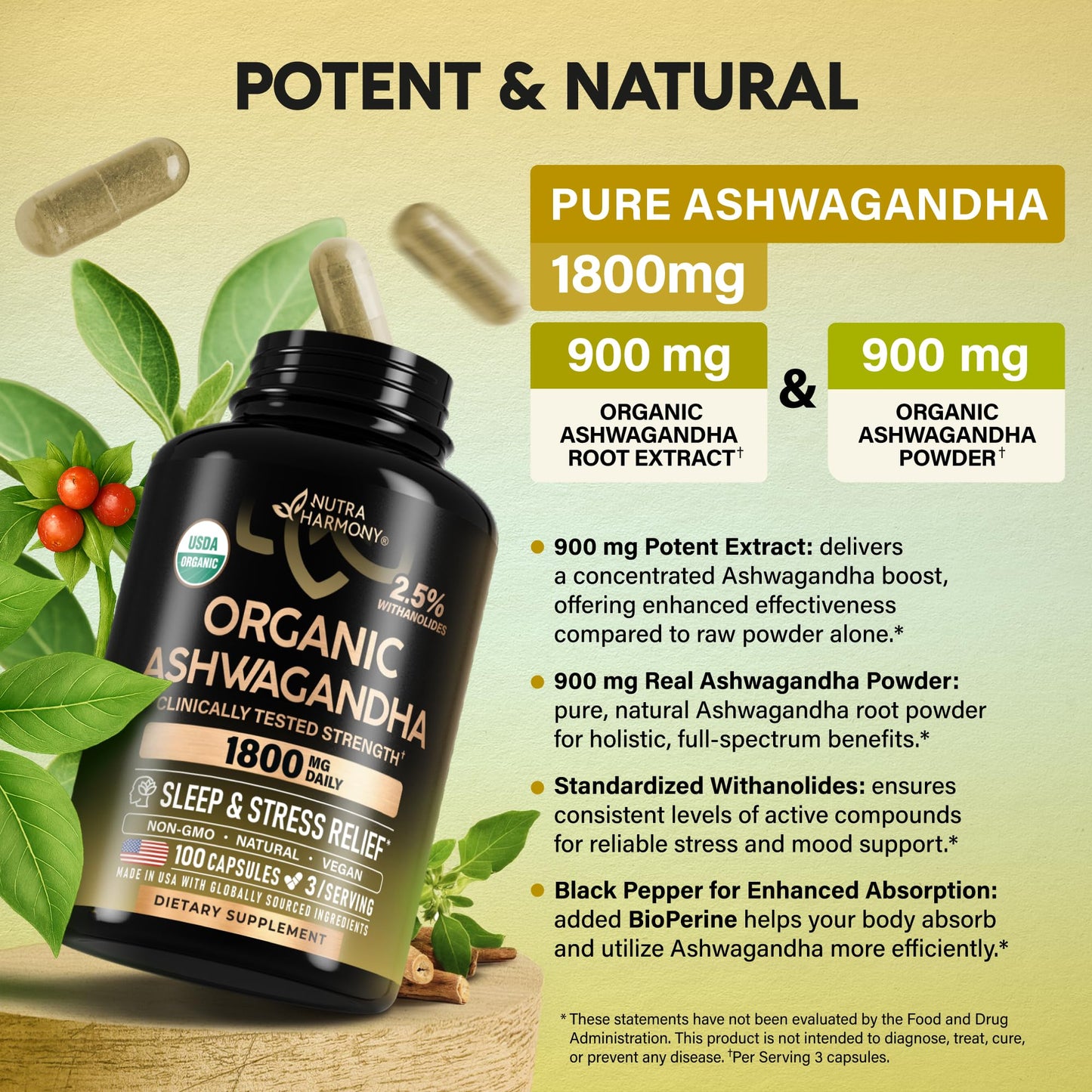 Ashwagandha Supplements 1800mg - USDA Organic Ashwagandha for Women & Men - Clinically Effective Strength for Stress Relief & Sleep - Powder & Root Extract 2.5% Withanolides - Made in USA 100 Capsules NUTRAHARMONYBuy Supplements Australia