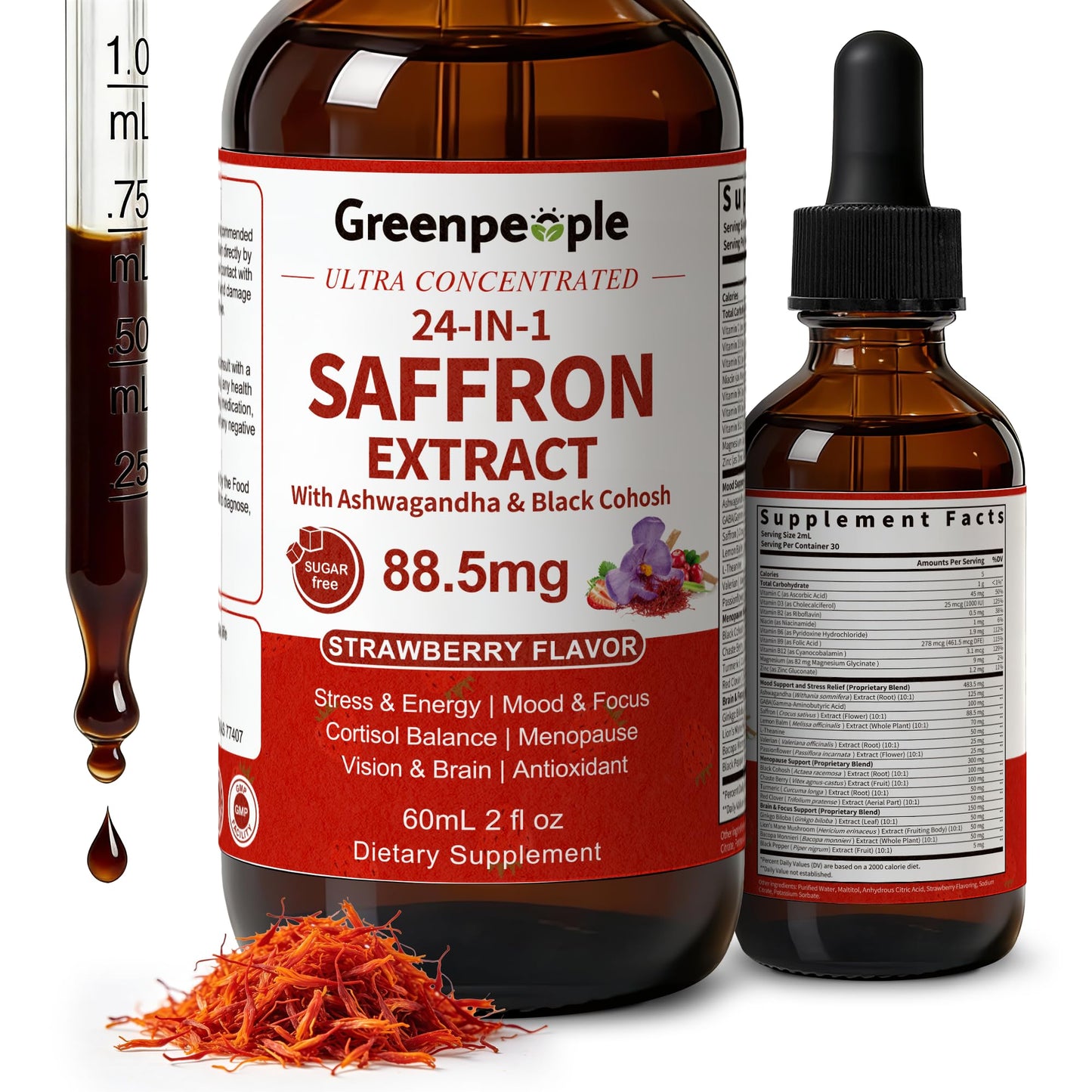 GREENPEOPLE Saffron Extract Supplements Drop - 24-in-1 88.5mg Saffron Extract with Ashwagandha,Black Cohosh & Lion's Mane for Mood&Focus,Stress Relief,Cortisol Reducer,Menopause – Vegan 2FL OZ GREENPEOPLEBuy Supplements Australia
