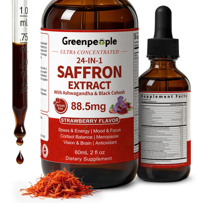 GREENPEOPLE Saffron Extract Supplements Drop - 24-in-1 88.5mg Saffron Extract with Ashwagandha,Black Cohosh & Lion's Mane for Mood&Focus,Stress Relief,Cortisol Reducer,Menopause – Vegan 2FL OZ GREENPEOPLEBuy Supplements Australia