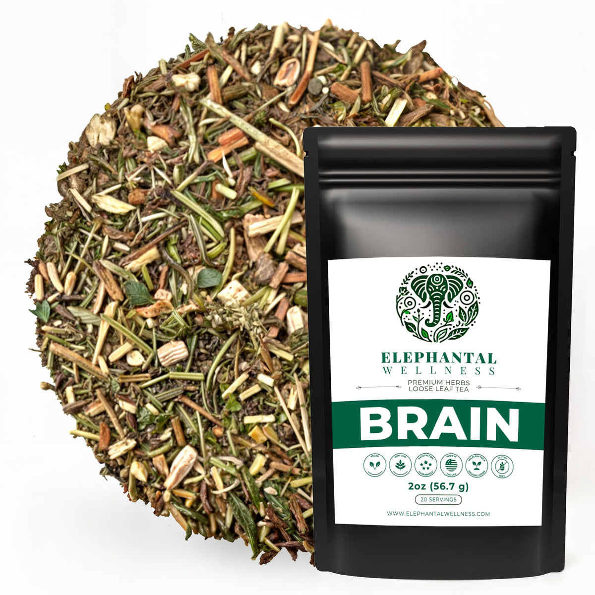 Elephantal Wellness Premium Brain Herbal Tea | Nootropic Focus & Mental Clarity with Ginkgo, Bacopa, Gotu Kola & Rosemary | Non-GMO, Caffeine-Free Coffee Alternative, Handmade Loose Leaf Blend, 2oz Loose Leaf, 20 Servings Elephantal WellnessBuy Supplements Australia