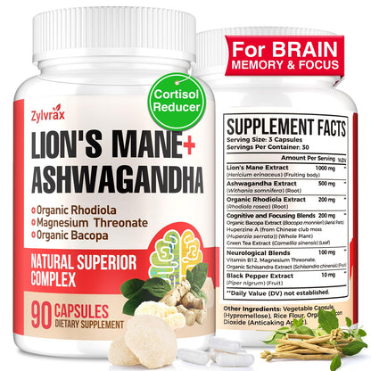Ashwagandha & Lions Mane Supplements Capsules, Brain Supplements for Memory and Focus, Ashwagandha with Rhodiola Rosea for Cognitive, Immune Support, Cortisol Supplements for Women, 90 Capsules ZylvraxBuy Supplements Australia