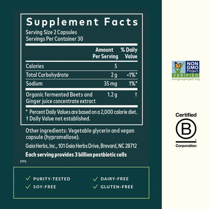Gaia Herbs Ginger-Beet Postbiotic - Supplement for Gut & Heart Health Support* - Made with Fermented Beets & Ginger - Free from Dairy, Soy & Gluten - 60 Vegan Liquid Phyto-Caps (30 Servings) Gaia HerbsBuy Supplements Australia