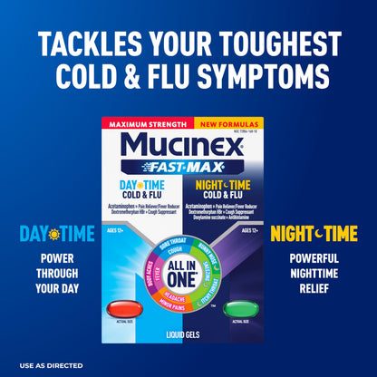 Mucinex Fast-Max Maximum Strength Day & Night Cold and Flu Medicine for Adults, Powerful Over-The-Counter Medication for Cold & Flu Symptoms, Fast Dissolving Liquid Gels, 24 Count Mucinex buy supplements Au