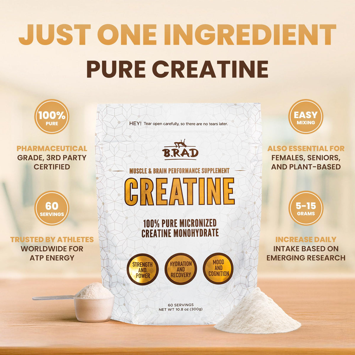 B.rad 100% Pure Micronized Creatine Monohydrate Powder | Natural, No Additives | Boosts Muscle Strength, Recovery & Performance | Supports Brain Health | 300g, 60 Servings B.radBuy Supplements Australia