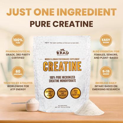 B.rad 100% Pure Micronized Creatine Monohydrate Powder | Natural, No Additives | Boosts Muscle Strength, Recovery & Performance | Supports Brain Health | 300g, 60 Servings B.radBuy Supplements Australia
