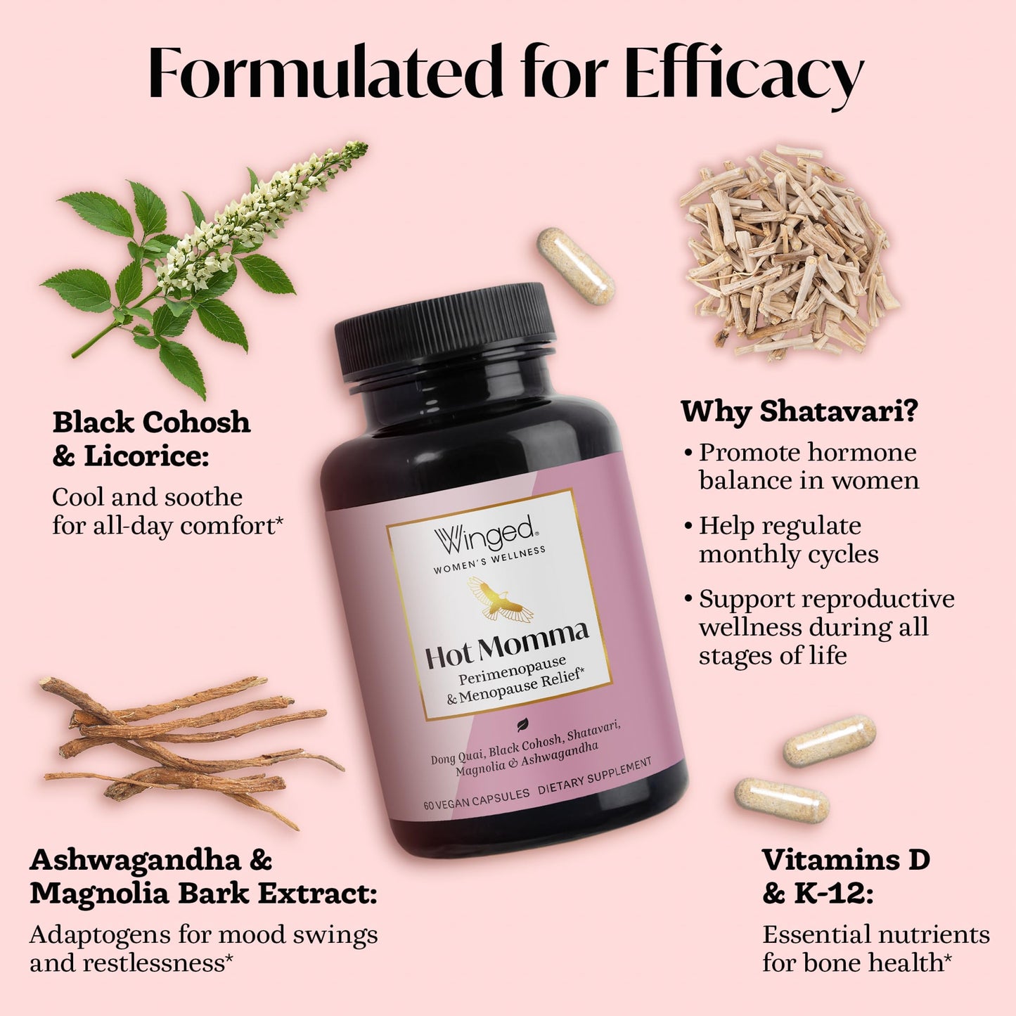 Winged Wellness Hot Momma Menopause Supplements for Women - Hormone-Free Menopause Relief Support for Hot Flashes & Night Sweats with Chaste Tree Berry, Multivitamins & Shatavari - 60 Vegan Capsules Winged WellnessBuy Supplements Australia
