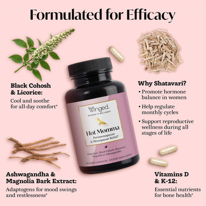 Winged Wellness Hot Momma Menopause Supplements for Women - Hormone-Free Menopause Relief Support for Hot Flashes & Night Sweats with Chaste Tree Berry, Multivitamins & Shatavari - 60 Vegan Capsules Winged WellnessBuy Supplements Australia
