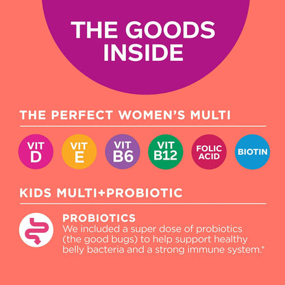 OLLY Gift, Family 2 Pack: Women's Multivitamin Gummy (90 Count), Kids Multivitamin + Probiotic Gummy (70 Count), Vitamins A, D, C, E, B, Chewable Supplement OLLY