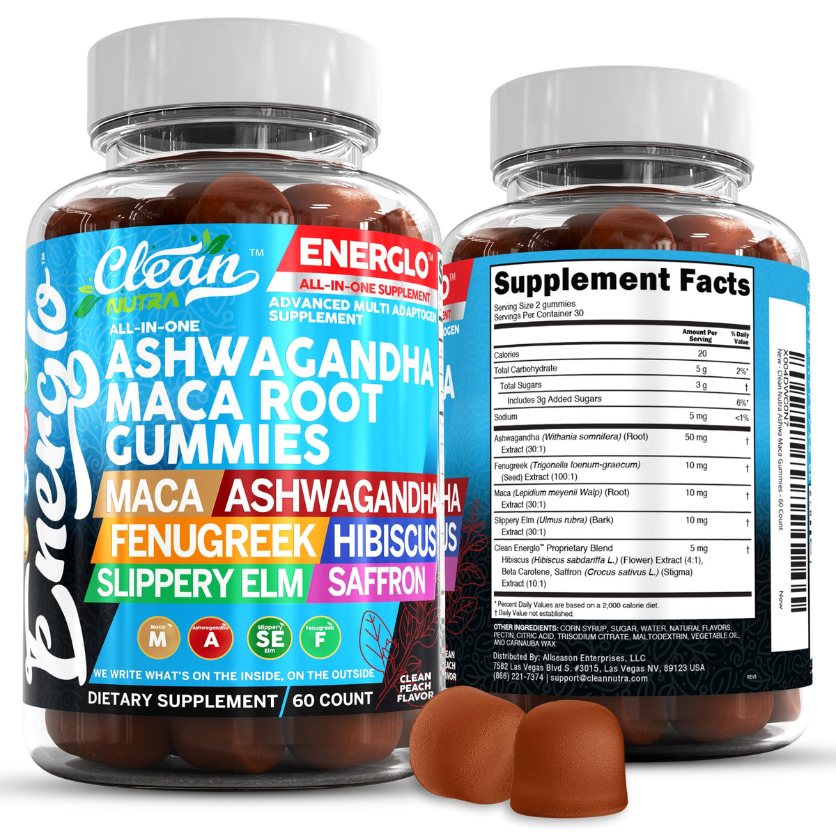 Ashwagandha Maca Root Gummies with Fenugreek Hibiscus Slippery Elm Saffron Extract & Beta Carotene | Peach Flavor Vegan Gummy Vitamins Adaptogen Cortisol Supplement Energlo by Clean Nutra Clean NutraceuticalsBuy Supplements Australia