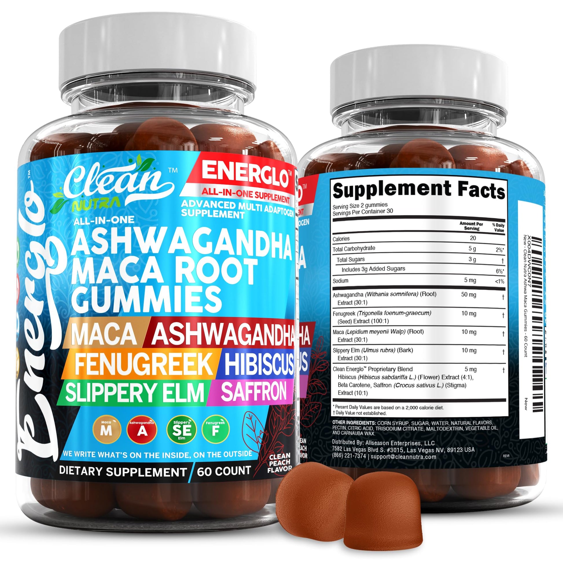 Ashwagandha Maca Root Gummies with Fenugreek Hibiscus Slippery Elm Saffron Extract & Beta Carotene | Peach Flavor Vegan Gummy Vitamins Adaptogen Cortisol Supplement Energlo by Clean Nutra Clean NutraceuticalsBuy Supplements Australia