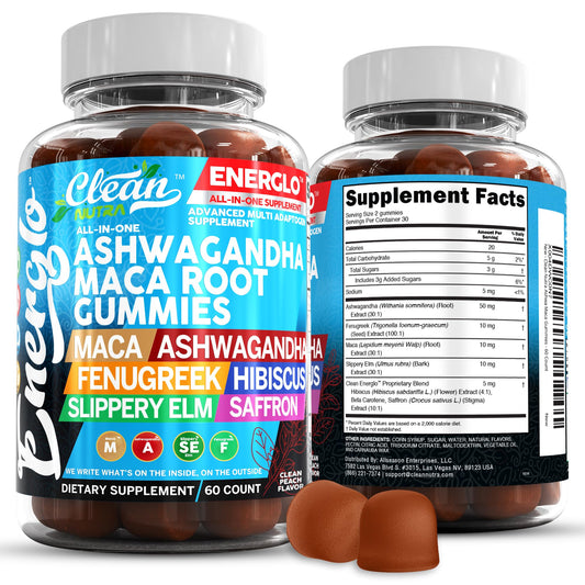 Ashwagandha Maca Root Gummies with Fenugreek Hibiscus Slippery Elm Saffron Extract & Beta Carotene | Peach Flavor Vegan Gummy Vitamins Adaptogen Cortisol Supplement Energlo by Clean Nutra Clean NutraceuticalsBuy Supplements Australia