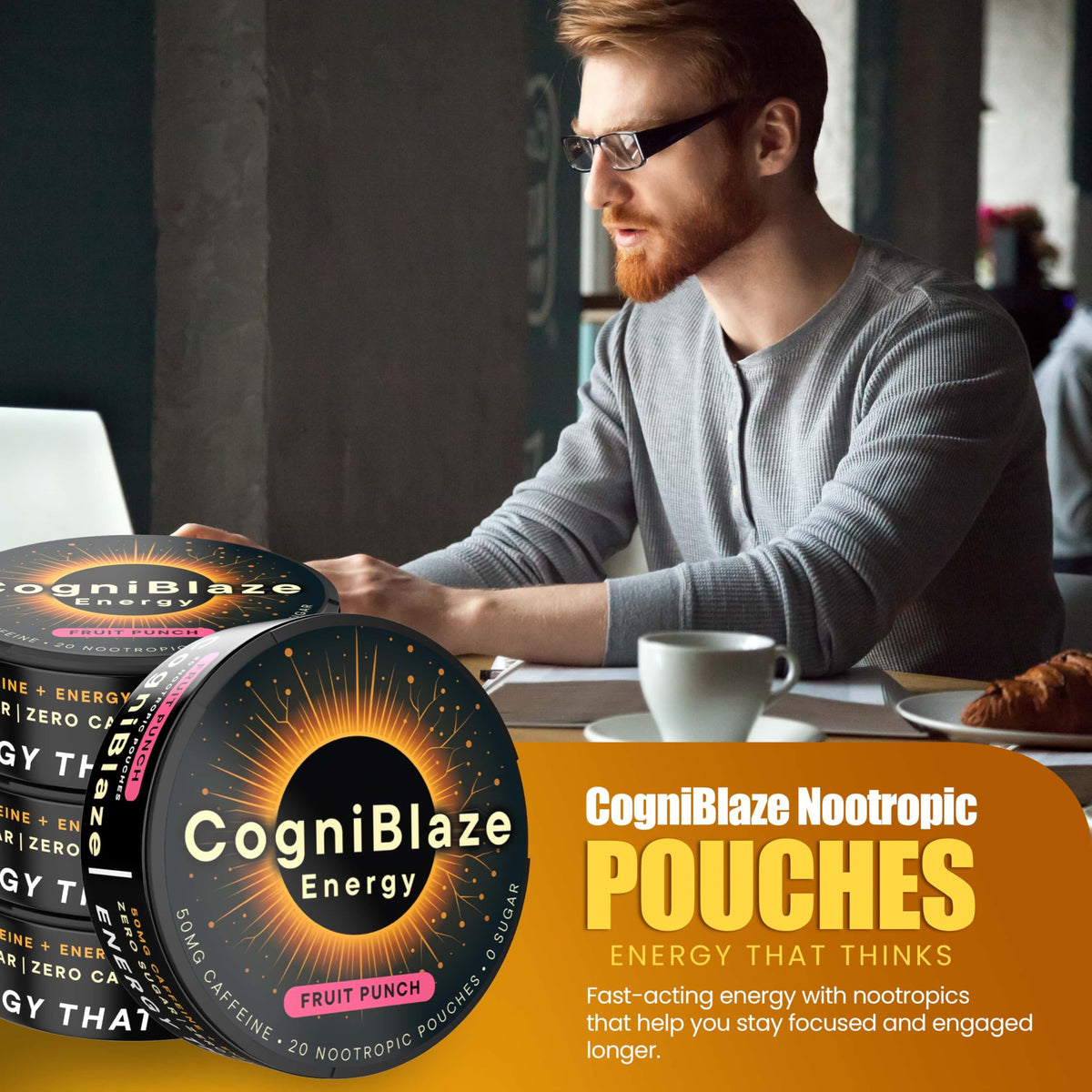 CogniBlaze Caffeine Pouches (Fruit Punch) | Nootropic Energy Pouches with 50mg Caffeine, Alpha GPC, L-Tyrosine & L-Theanine | Zero Sugar | No Artificial Sweeteners | 4 Pack (80 Total) CogniBlazeBuy Supplements Australia