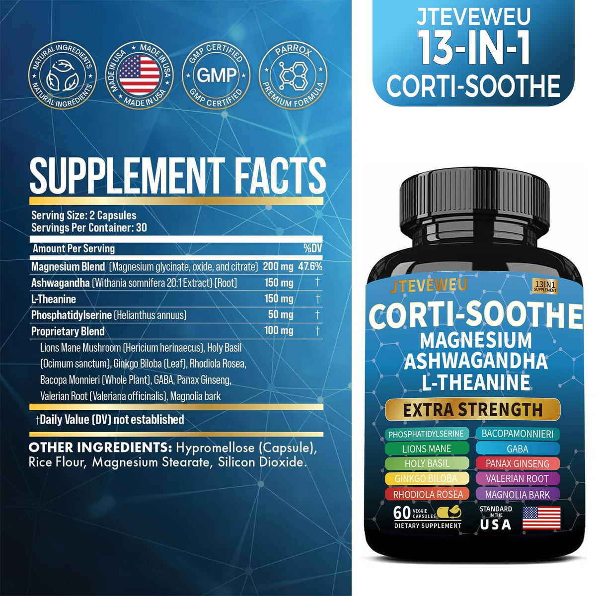 Corti-Soothe Cortisol Supplement for Women and Men with Magnesium Glycinate 200mg, L-Theanine 150mg, Phosphatidylserine 50mg & Manager Holy Basil Ginkgo Biloba Bacopa Monnieri Valerian 60 Capsules JTEVEweuBuy Supplements Australia
