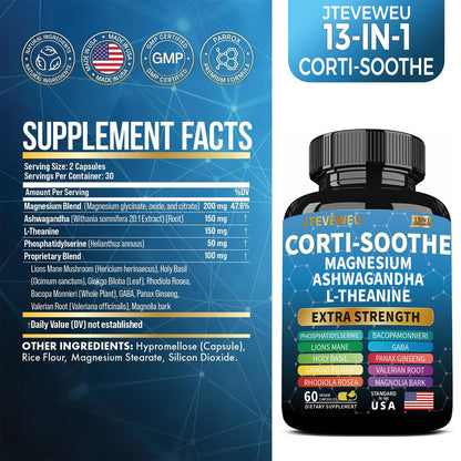 Corti-Soothe Cortisol Supplement for Women and Men with Magnesium Glycinate 200mg, L-Theanine 150mg, Phosphatidylserine 50mg & Manager Holy Basil Ginkgo Biloba Bacopa Monnieri Valerian 60 Capsules JTEVEweuBuy Supplements Australia