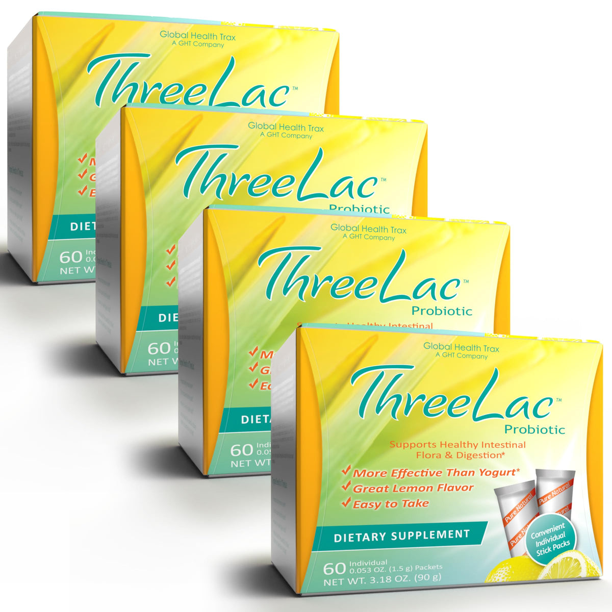 GHT - ThreeLac Lemon Probiotic Drink Mix for Digestive Health - Advanced Probiotic Powder Formula for Men, Women, and Kids - Immune Support & Gut Balance, Non-GMO - 240 Packets ght Global Health TraxBuy Supplements Australia