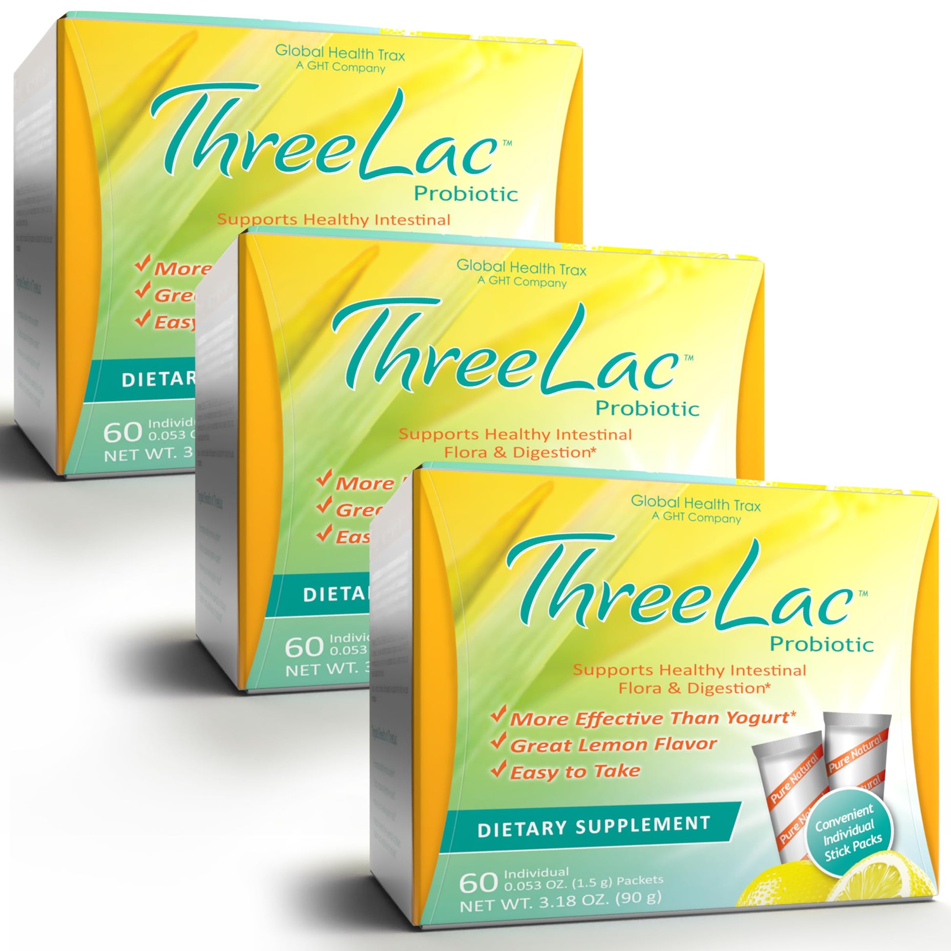Global Health Trax ThreeLac Lemon Probiotic Drink Mix for Digestive Health - Advanced Probiotic Powder Formula for Men, Women, and Kids - Immune Support & Gut Balance, Non-GMO - 180 Packets ght Global Health TraxBuy Supplements Australia