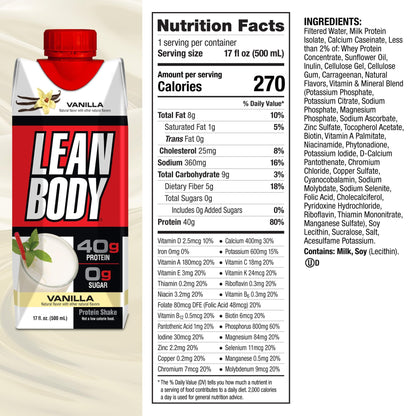 Lean Body Ready-to-Drink Vanilla Protein Shake, 40g Protein, Whey Blend, 0 Sugar, Gluten LabradaBuy Supplements Australia