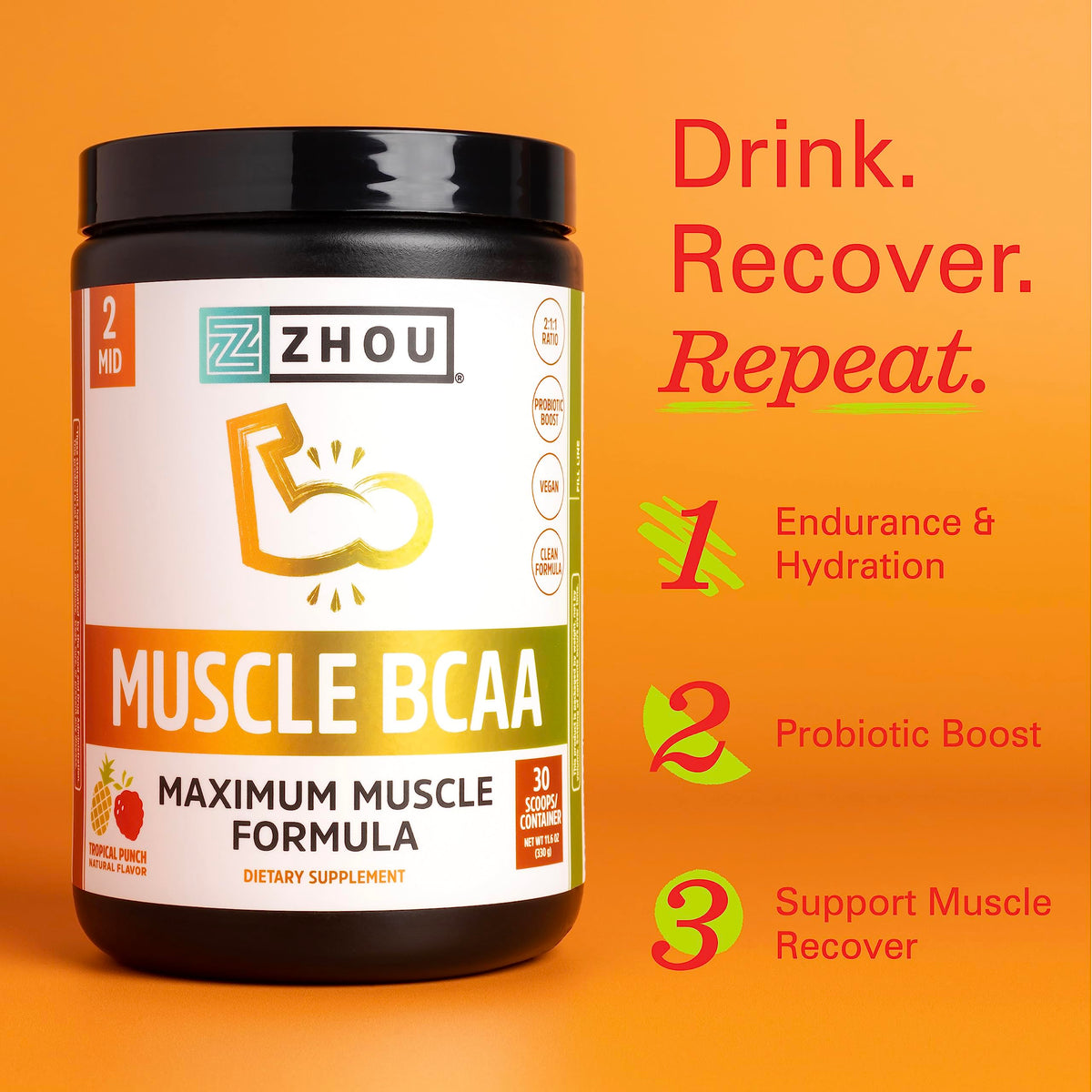 Zhou Nutrition Muscle BCAA Powder, Vegan Muscle Recovery, Natural, Clean Formula Zhou NutritionBuy Supplements Australia