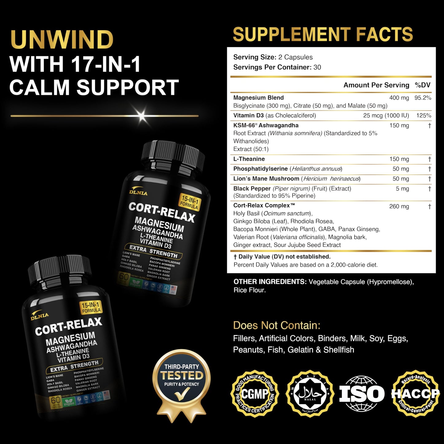 DLNIA Super Calm Cortisol Supplement with Magnesium Glycinate, Ashwagandha KSM-66, L-Theanine, Phosphatidylserine, Ginkgo Biloba & Lions Mane for Calm, Focus, Mental Clarity, Relaxation, Sleep, Energy DLNIABuy Supplements Australia