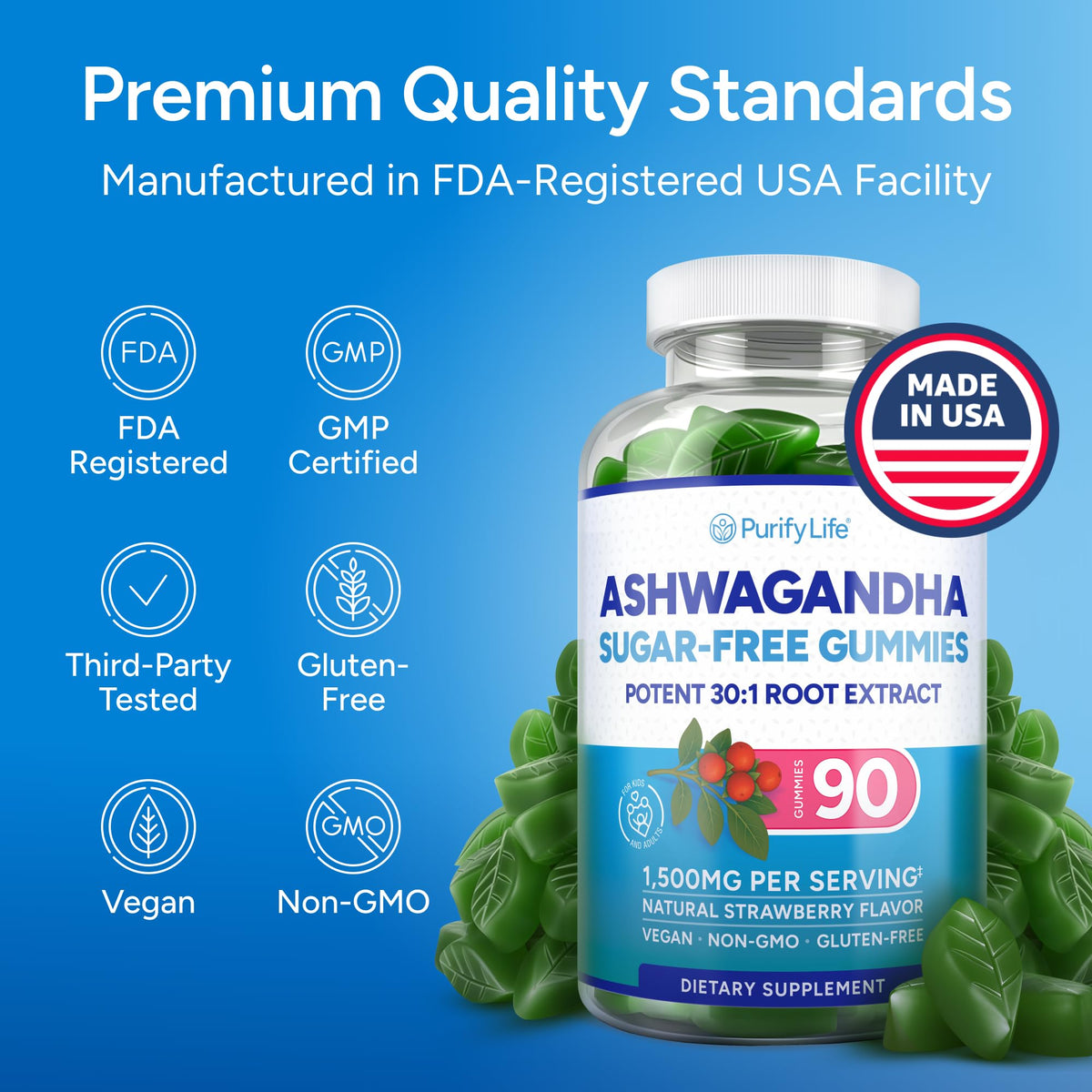Sugar-Free Ashwagandha Gummies for Stress, Sleep & Mood Support - High-Potency 30:1 Ashwagandha Supplement Extract - Vegan Adaptogen Supplement for Women & Men, Natural Flavor, Plant-Based, 90 Gummies Purify LifeBuy Supplements Australia
