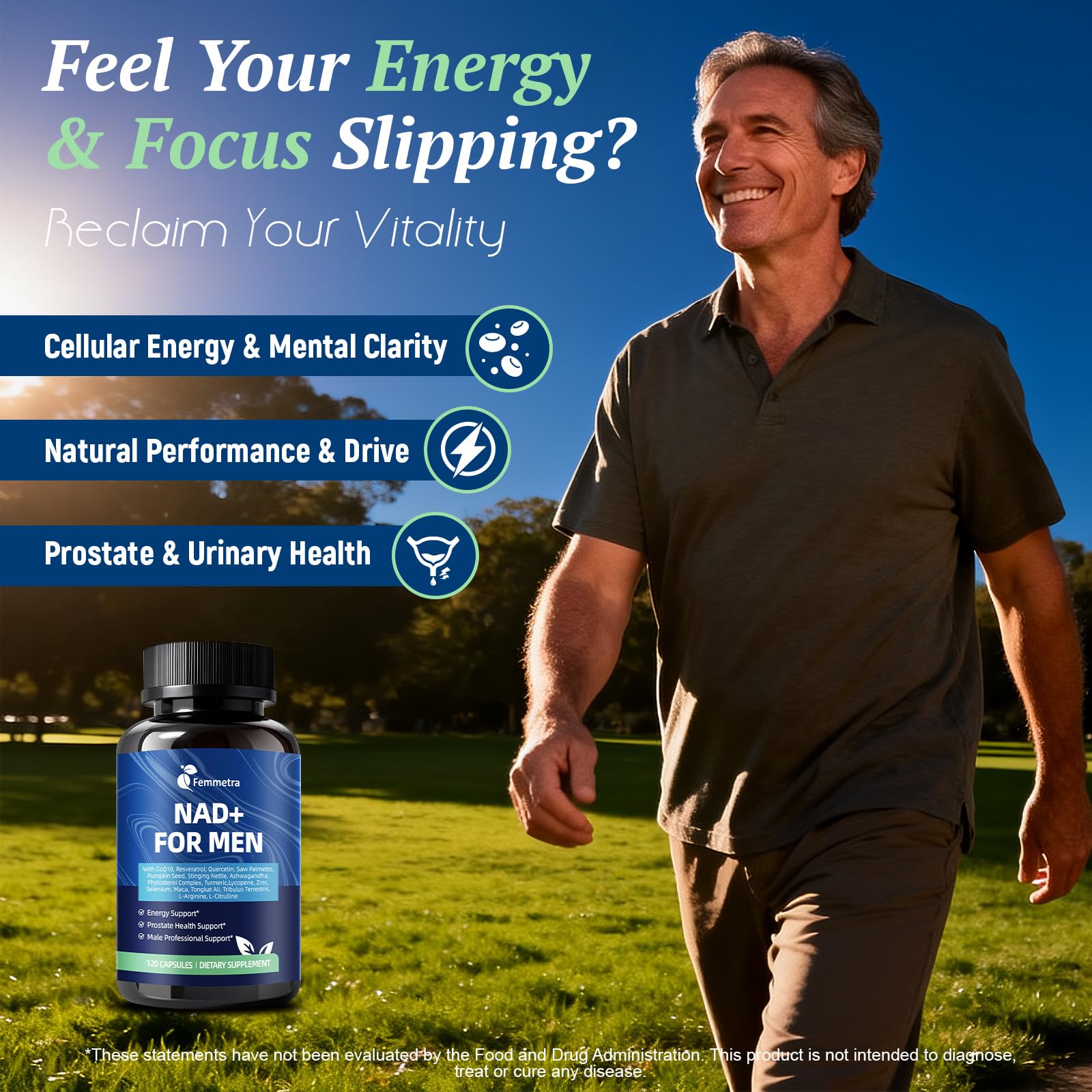 Femmetra NAD+ Supplements for Men with Saw Palmetto | All-in-One Cellular Energy, Prostate Support & Nitric Oxide Supplement with Resveratrol, L-Arginine | Non-GMO, 120 Capsules FemmetraBuy Supplements Australia