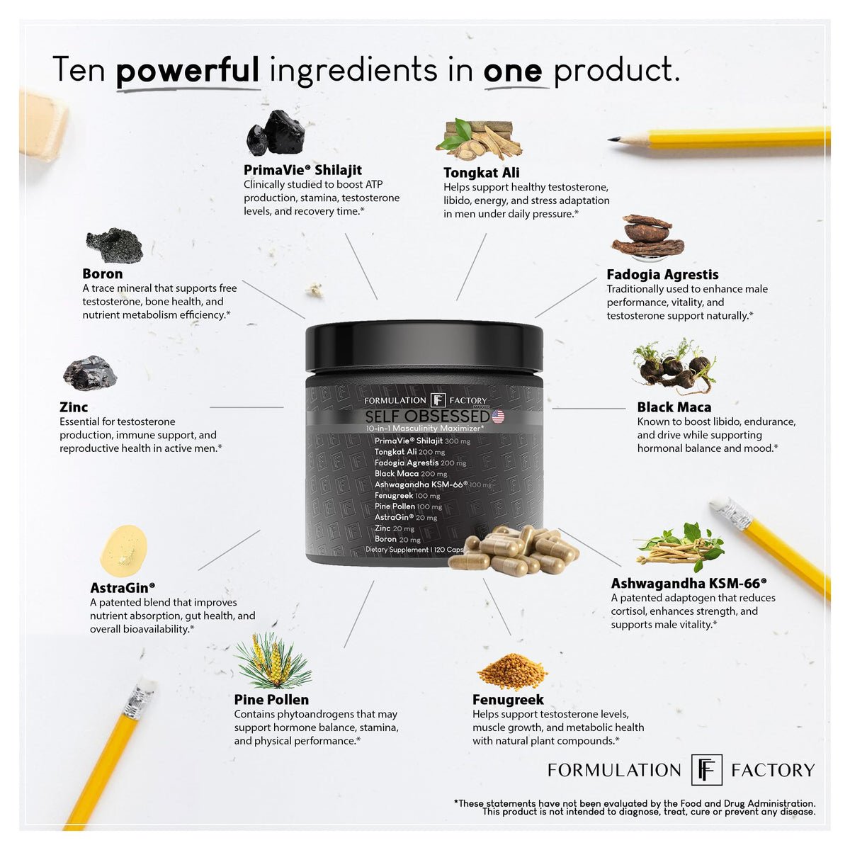 Formulation Factory Self Obsessed Maxxed Male Support - PrimaVie Shilajit, KSM-66 Ashwagandha & 200:1 Tongkat Ali Extract - Advanced Vitality & Drive Complex - 120 Capsules, 2 Month Supply Formulation FactoryBuy Supplements Australia