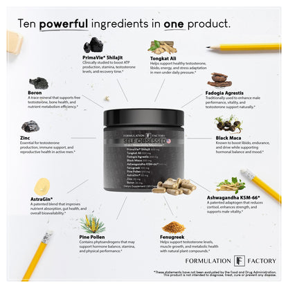 Formulation Factory Self Obsessed Maxxed Male Support - PrimaVie Shilajit, KSM-66 Ashwagandha & 200:1 Tongkat Ali Extract - Advanced Vitality & Drive Complex - 120 Capsules, 2 Month Supply Formulation FactoryBuy Supplements Australia