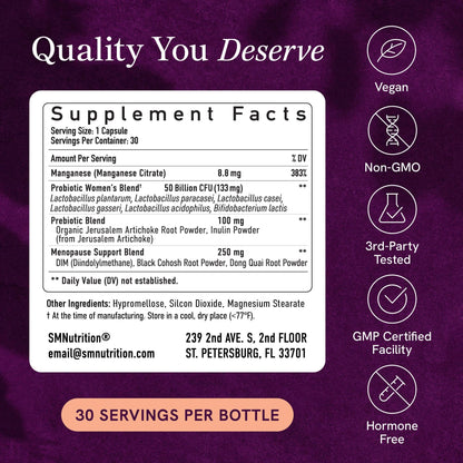 Menopause Support with Prebiotics and Probiotics for Women | Hormone Balance, Hot Flashes & Night Sweats | 50 Billion CFU, DIM & Black Cohosh | Triple Action Menopause Supplements for Women | 30 Ct SMNutritionBuy Supplements Australia