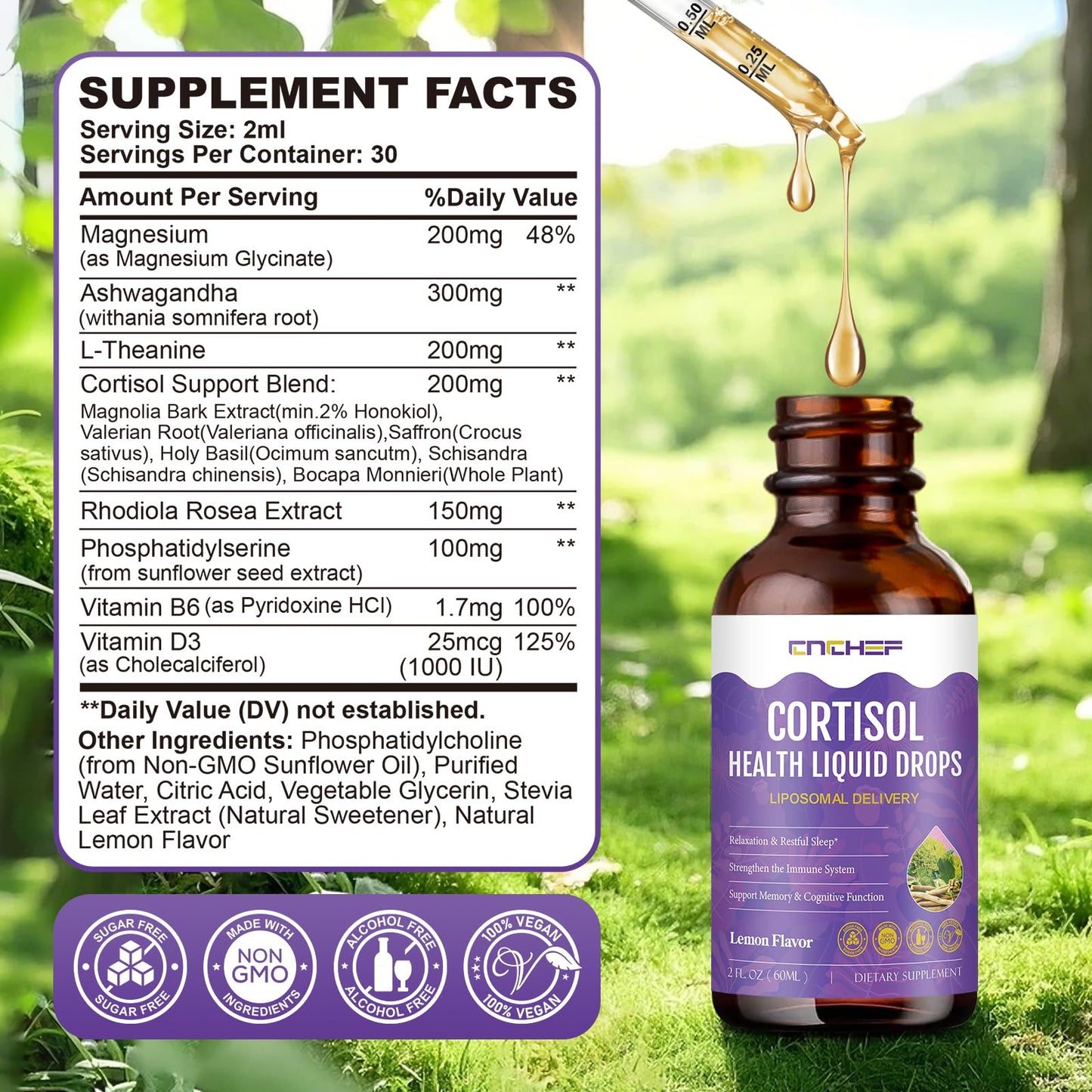 Cortisol Supplement Liquid Drops, Hormone Balance for Women Men Cortisol Detox with Magnesium Glycinate, L-Theanine, Rhodiola Rosea, Ashwagandha, Phosphatidylserine, Mood Focus, Sleep Support, 2 Fl Oz CNCHEFBuy Supplements Australia