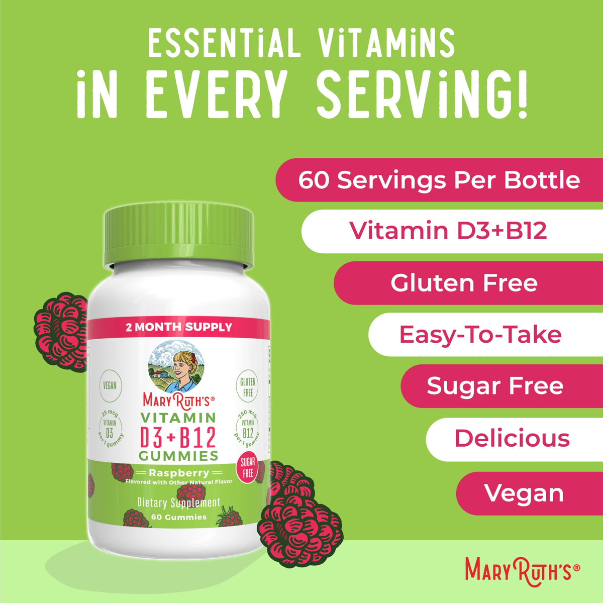 MaryRuth Organics Sugar Free | 2 Month Supply | Vitamin D & B12 Vitamin Supplements for Adults & Kids | Bone Health | Immune Support | Vegan | Non-GMO | 60 Servings MARYRUTH'SBuy Supplements Australia