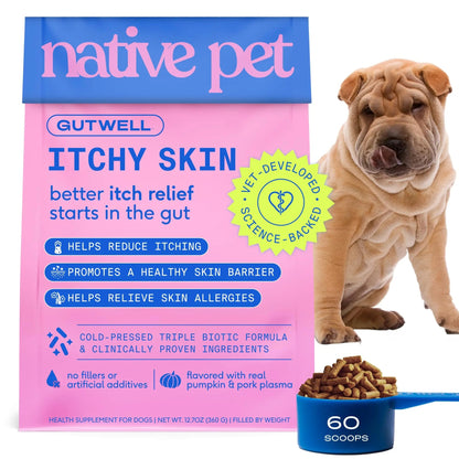 GutWell Itchy Skin - Dog Itching Skin Relief & Seasonal Allergy Itch Relief for Dogs - Promotes Skin Hydration, Elasticity & Healthy Barrier with Triple-biotic Blend, Zinc, & Vitamin E - 60 Scoops Native PetBuy Supplements Australia