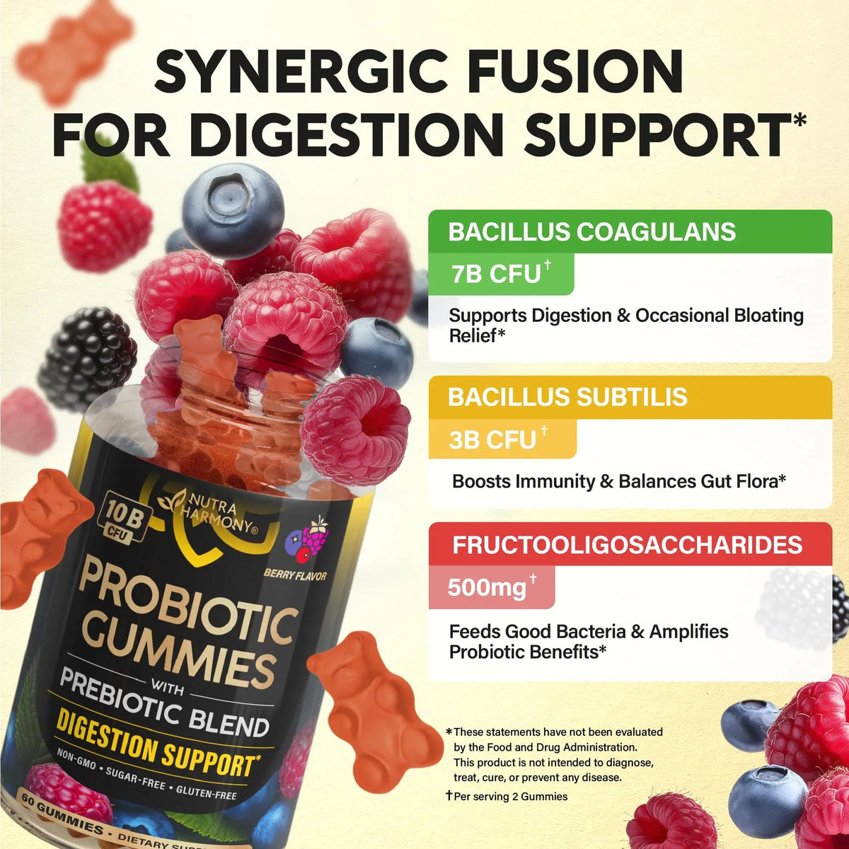 Probiotic Gummies 10B CFU with Prebiotic Fiber - Digestion & Immune Support - Debloat, Stomach & Gut Comfort - Probiotics for Women & Men - Natural Berry Flavor - Vegan & Sugar-free - 60 Gummies NUTRAHARMONYBuy Supplements Australia
