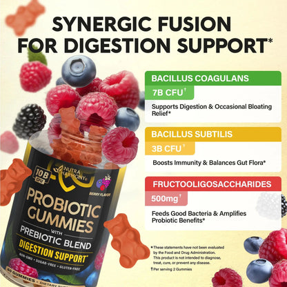 Probiotic Gummies 10B CFU with Prebiotic Fiber - Digestion & Immune Support - Debloat, Stomach & Gut Comfort - Probiotics for Women & Men - Natural Berry Flavor - Vegan & Sugar-free - 60 Gummies NUTRAHARMONYBuy Supplements Australia