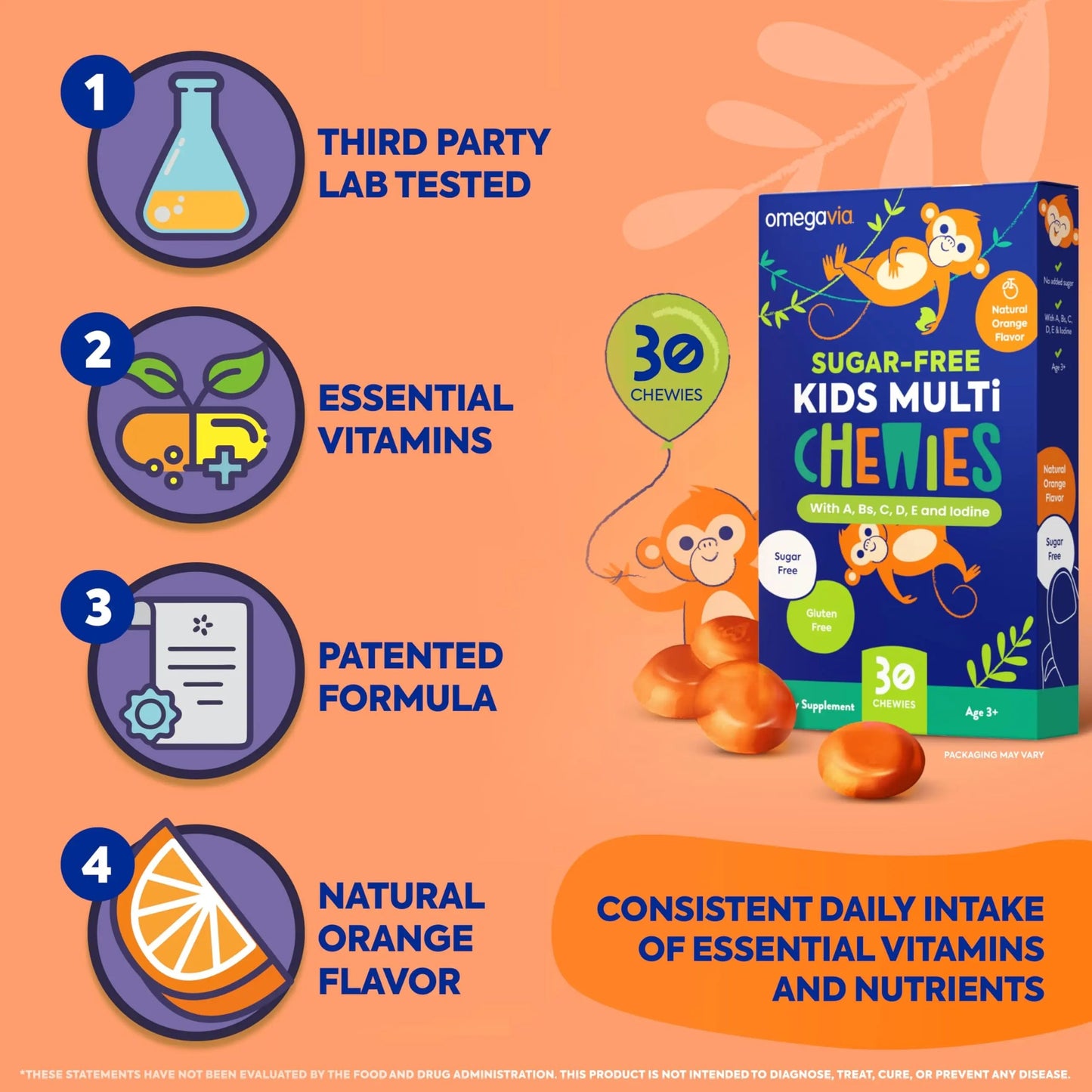OmegaVia Sugar Free Kids Multivitamin Chewies - Daily Chewable Gummy Vitamins for Kids 3+ OmegaVia